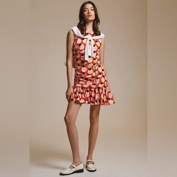 ✨ Anthropologie Sleeveless Shirred Asymmetrical Ruffle-Hem Dress Sz M - Picture 2 of 5